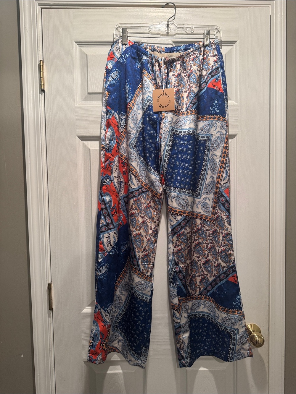 Bailey Rose NWT  Paisley Patchwork Wide Leg Satin Pants in navy multi color